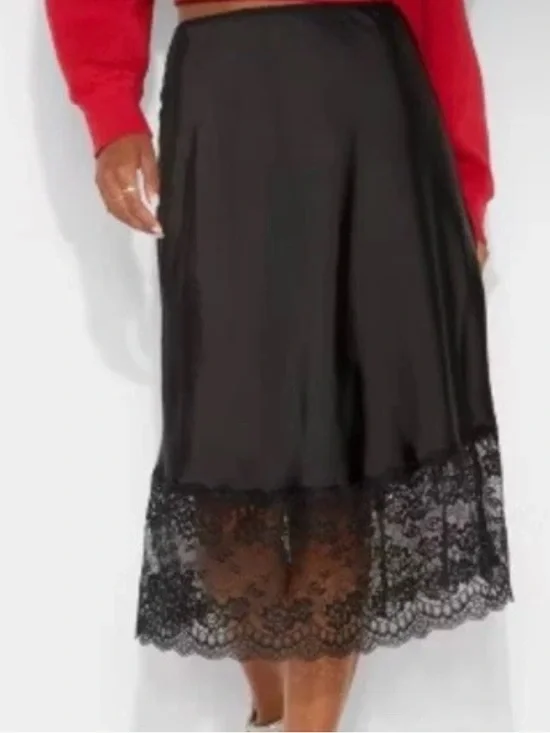 Beautiful Black Satin & Lace-Hem Midi Skirt - Picture 1 of 3